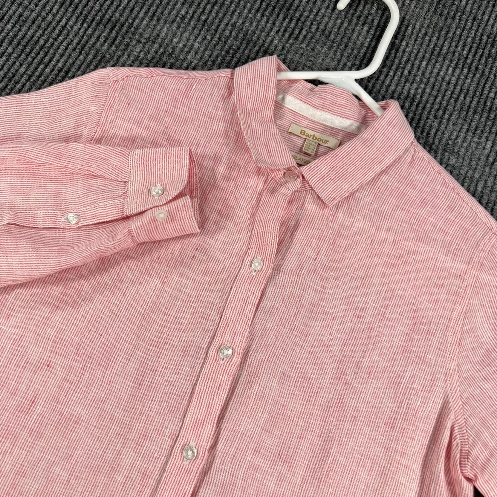Barbour Shirt Womens Size 4 Pink Linen Long Sleeve Button Up Casual Comfort